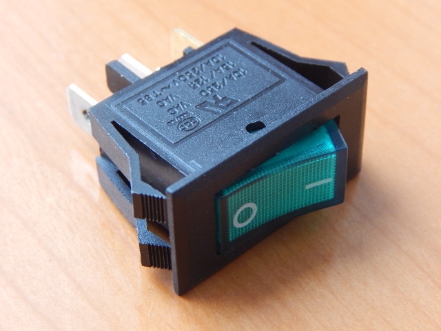 Переключатель KCD3-B2D-101N11CEB OFF-ON зеленый 250V 10A (с подсветкой)